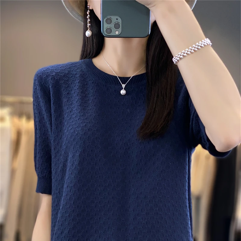 Women\'s T-shirt Summer 100% Cotton Sweater Short Sleeve Solid Color Round Neck Ladies Tops Loose Blouse Basic Pullover Tees