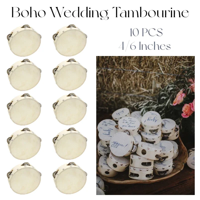 

6-24PCS Tambourine Wedding Drum DIY Bridal Favors Rustic Noise Makers Bell Birch Metal Jingles Percussion Guest Gift 4/6 Inch