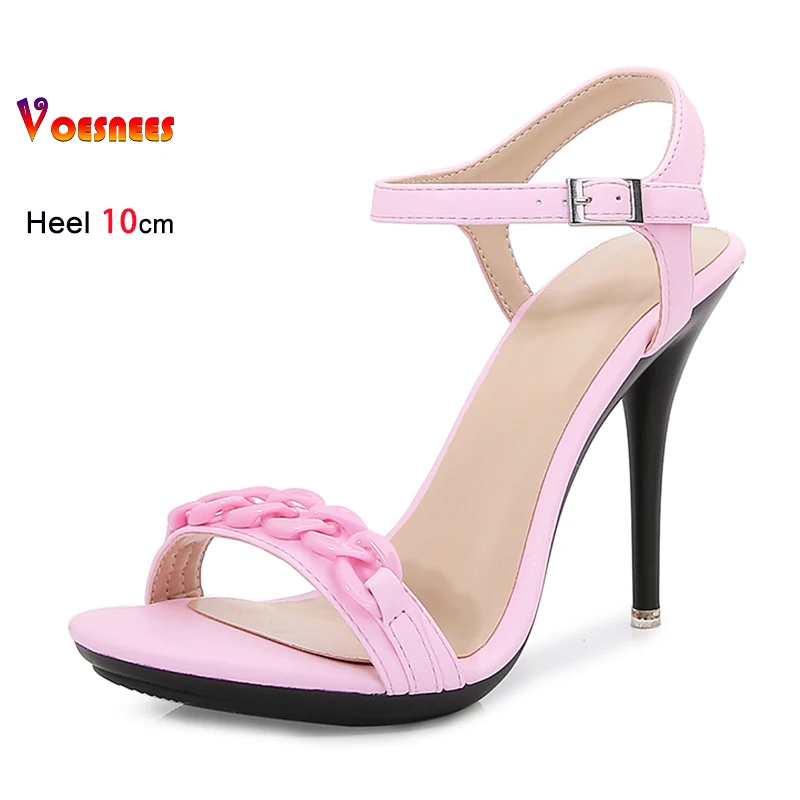 

Pink Sandals Women's 10CM Stiletto Fashion Party Dress Shoes Sexy Chain Style Buckle Strap Ladies Large Size Summer High Heels