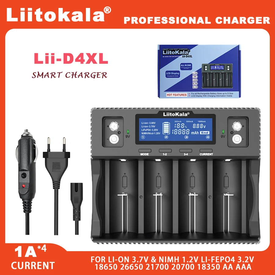 LiitoKala Lii-D4XL  Lii-L16340   21700 18650 3.7V Li-ion 3.2V LiFePO4 1.2V NiMH/Cd 26650 26700 32700 9V Display Battery Charger