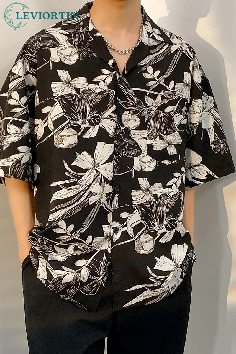 2023 Summer Fashionable Floral Print Shirt For Men Hip Hop Thin Ice Silk Short Sleeve Beach Tops Shirt Male Streetwear