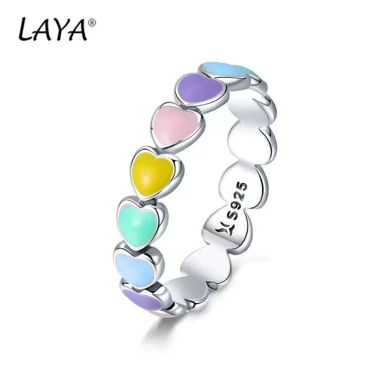 

LAYA NEW 925 Sterling Silver Cute Rainbow Heart Finger Ring for Women Stackable Silver Ring with Mini Hearts Trendy Fine Jewelry