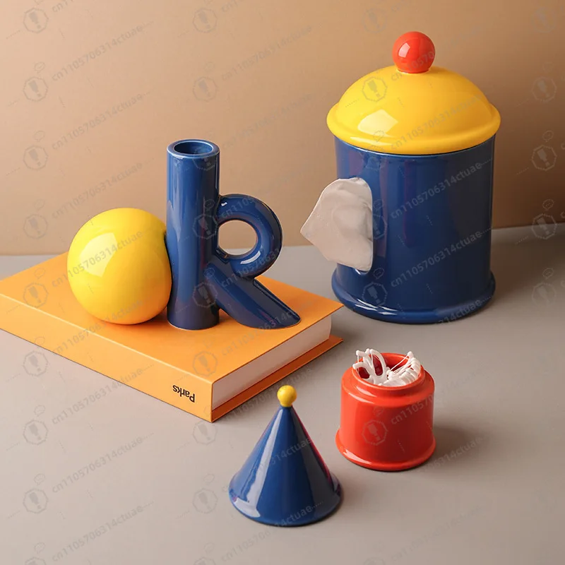 

Home Desktop Dopamine Ornament, Ceramic Multifunctional Tissue Box Vase Floss Tube