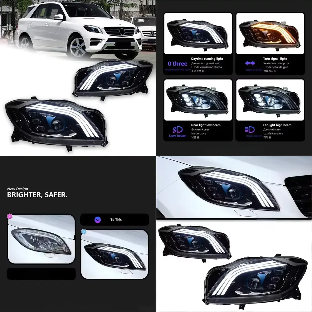 

For 12V 12-15 ML Headlight Assembly W166 Modified Style LED Daytime Running Lights Flowing Turn Signals