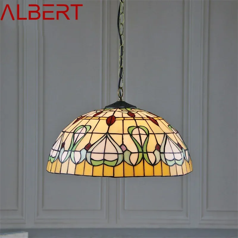 ALBERT Tiffany Glass Pendant Lamp LED Creative Pattern Vintage Hanging Light Decor for Home Dining Room Bedroom Hotel