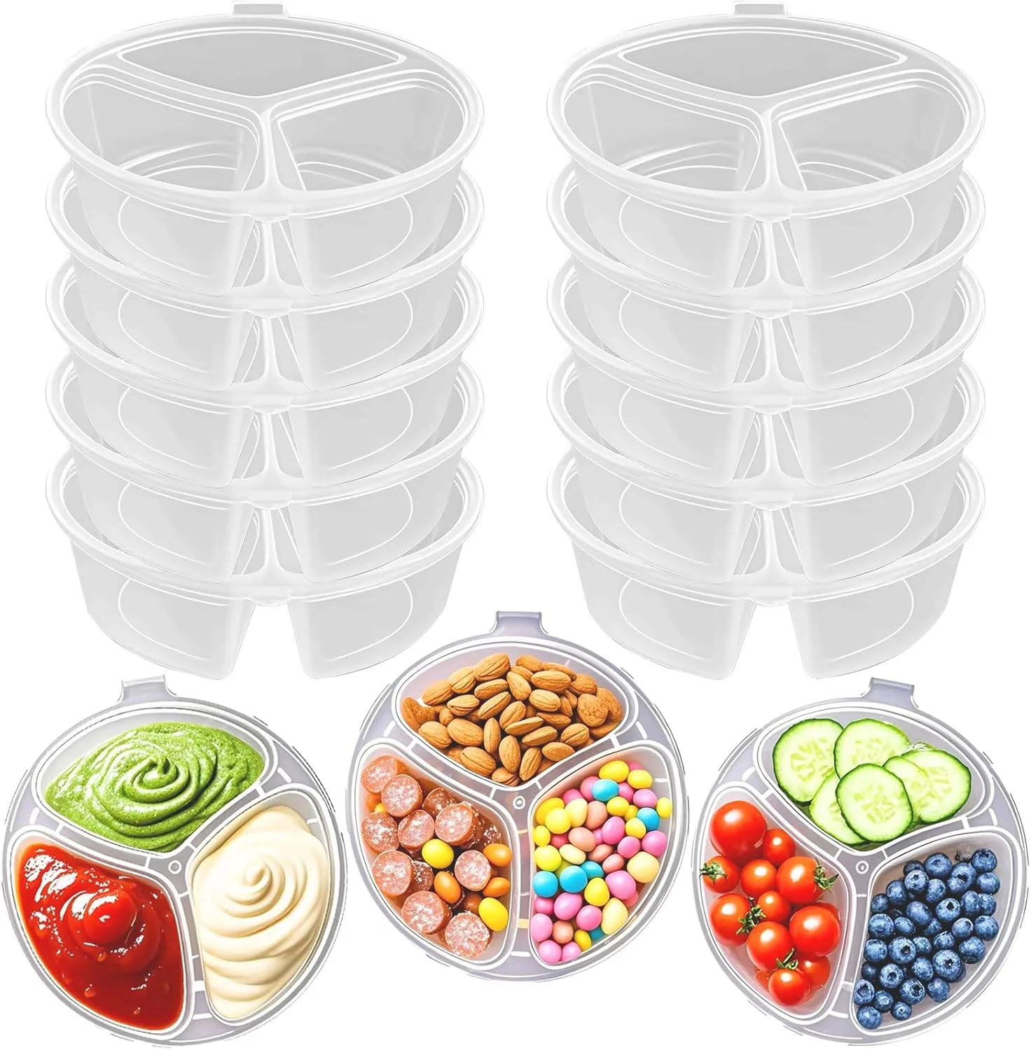 Contenedores de caja de aperitivos de 10 Uds., contenedores de condimentos de 3 compartimentos con tapas, contenedor de paquete de aperitivos desechable pequeño reutilizable