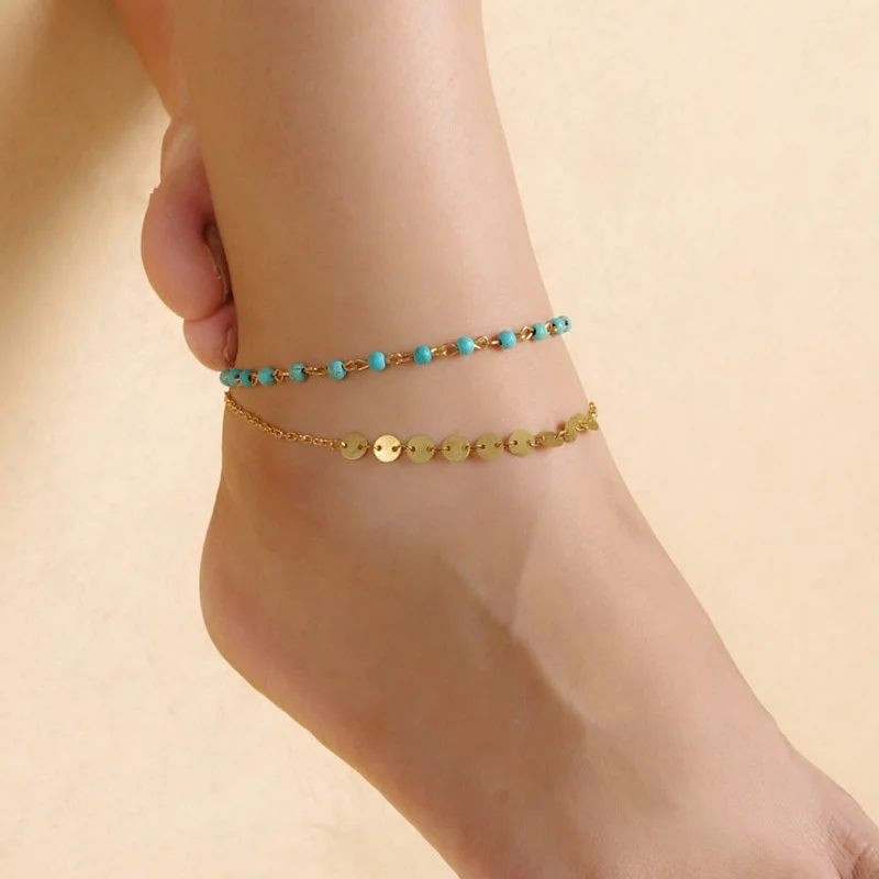 Summer Versatile Anklet Bohemian Vintage Pine Stone Beaded Small Round Piece Sequin Double Layer Anklet