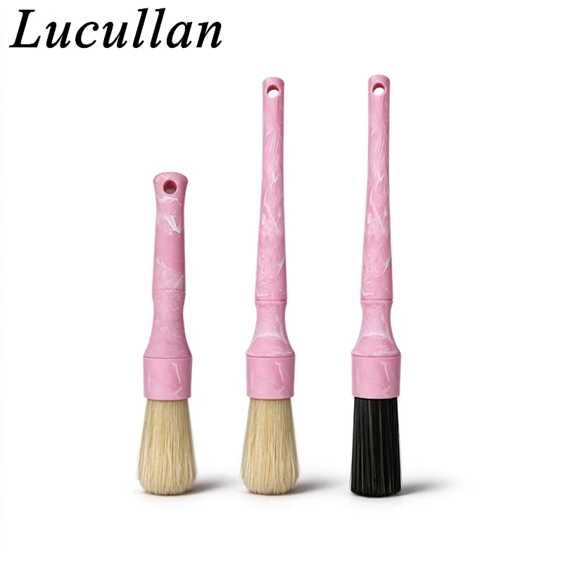 Lucullan 3PCS Marble Pink Handle Car Detailing Brush Set Soft Bleached Boar's Hair Auto Interior Exterior Cleaning Brushes