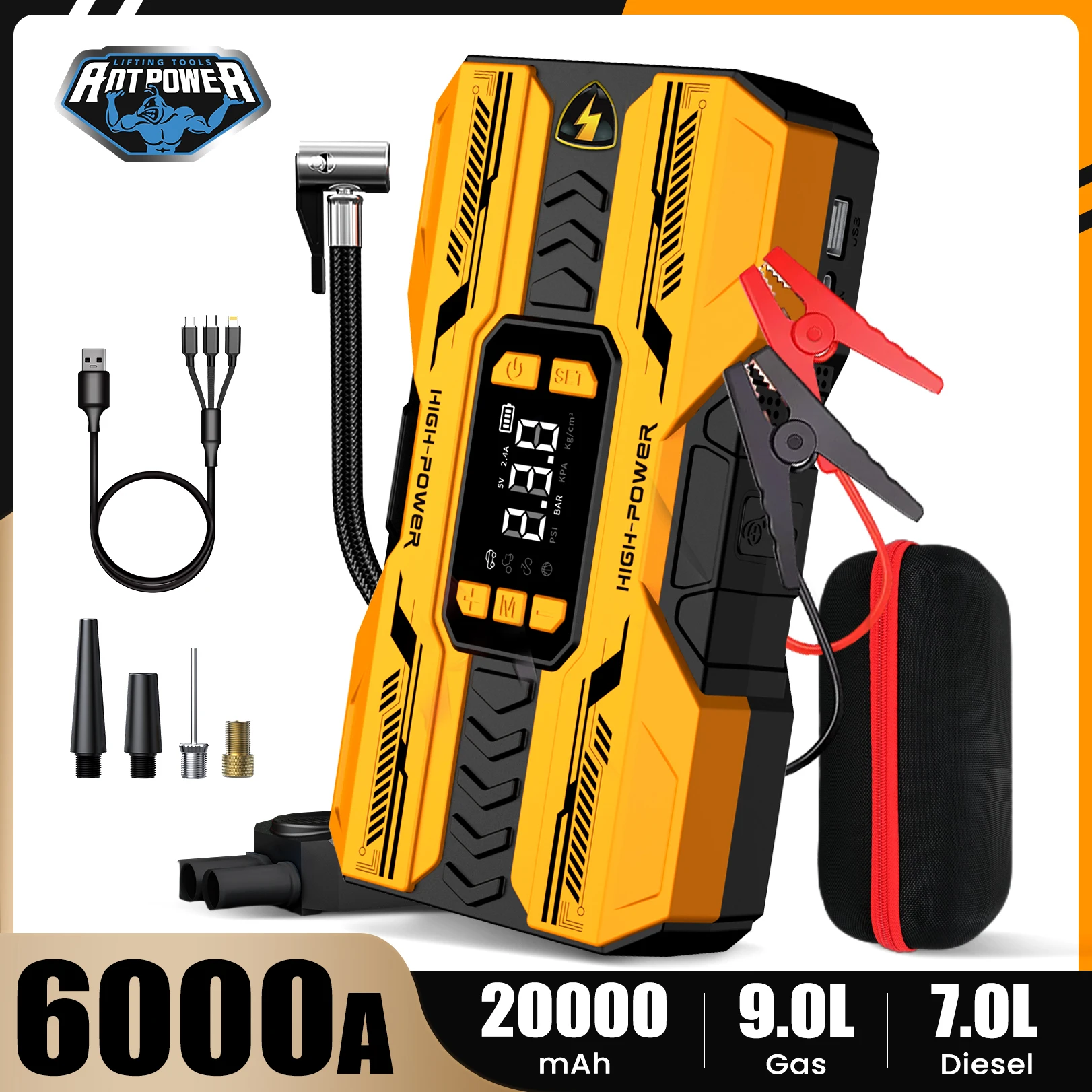 Arrancador de Coche Portátil AntPower de 20000 mAh para Motores de Gasolina y Diésel, Banco de Energía Portátil, Inflador de Emergencia