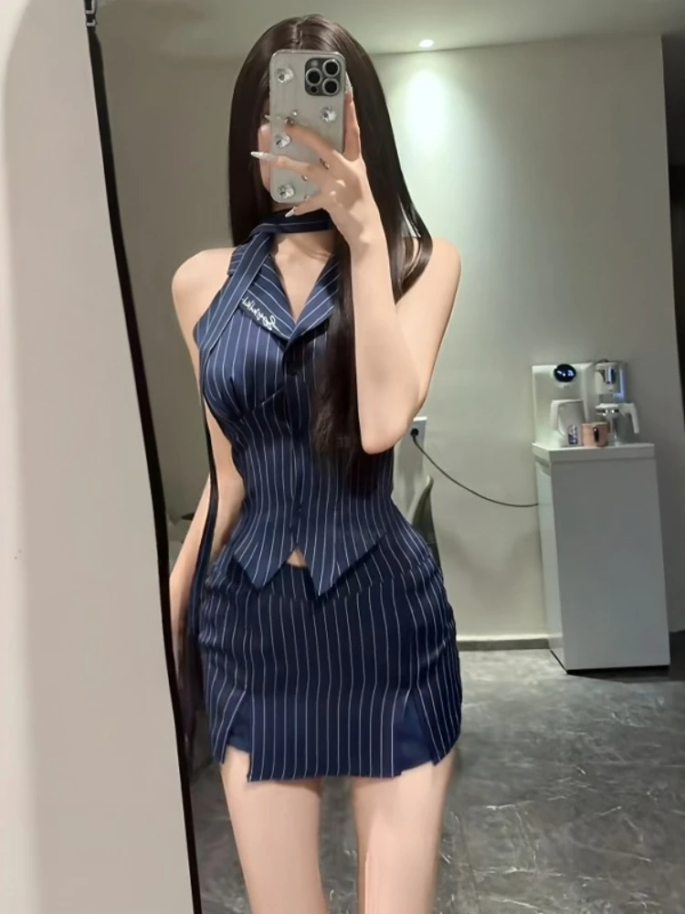 Pure desire spicy girl fashion set summer sexy slim fit Polo collar striped vest hip hugging half skirt two-piece set