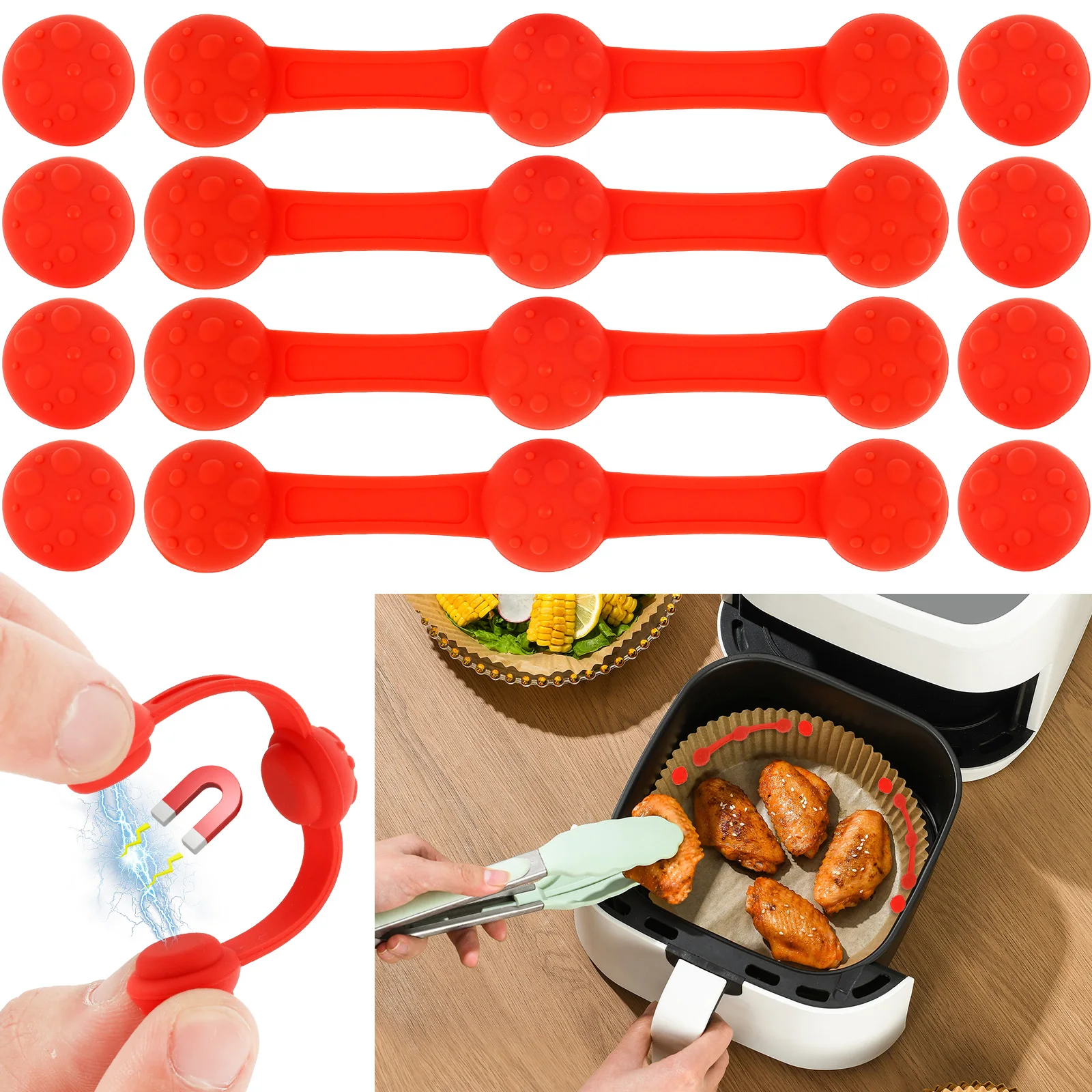 4-teiliges Luftfritteusen-Magnet-Silikon-Schnallen-Set, hitzebeständiger Luftfritteusen-Silikonstreifen zur Befestigung von Pergamentpapier-Einlagen, Zubehör