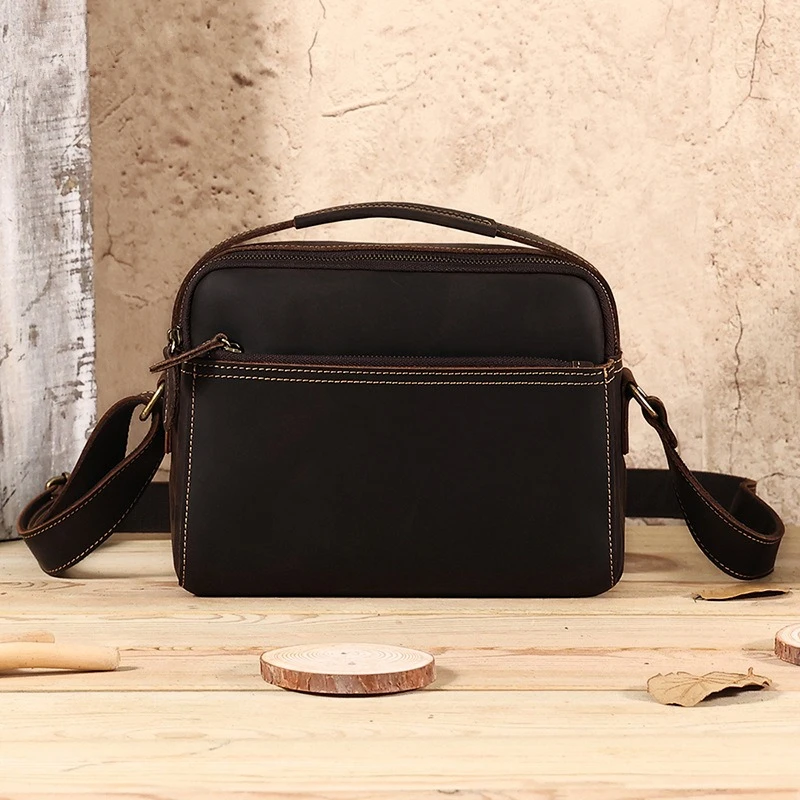 

Nesitu Highend Vintage Coffee Brown Black Genuine Leather Small Shoulder Women Men Messenger Bags Cowhide M6687