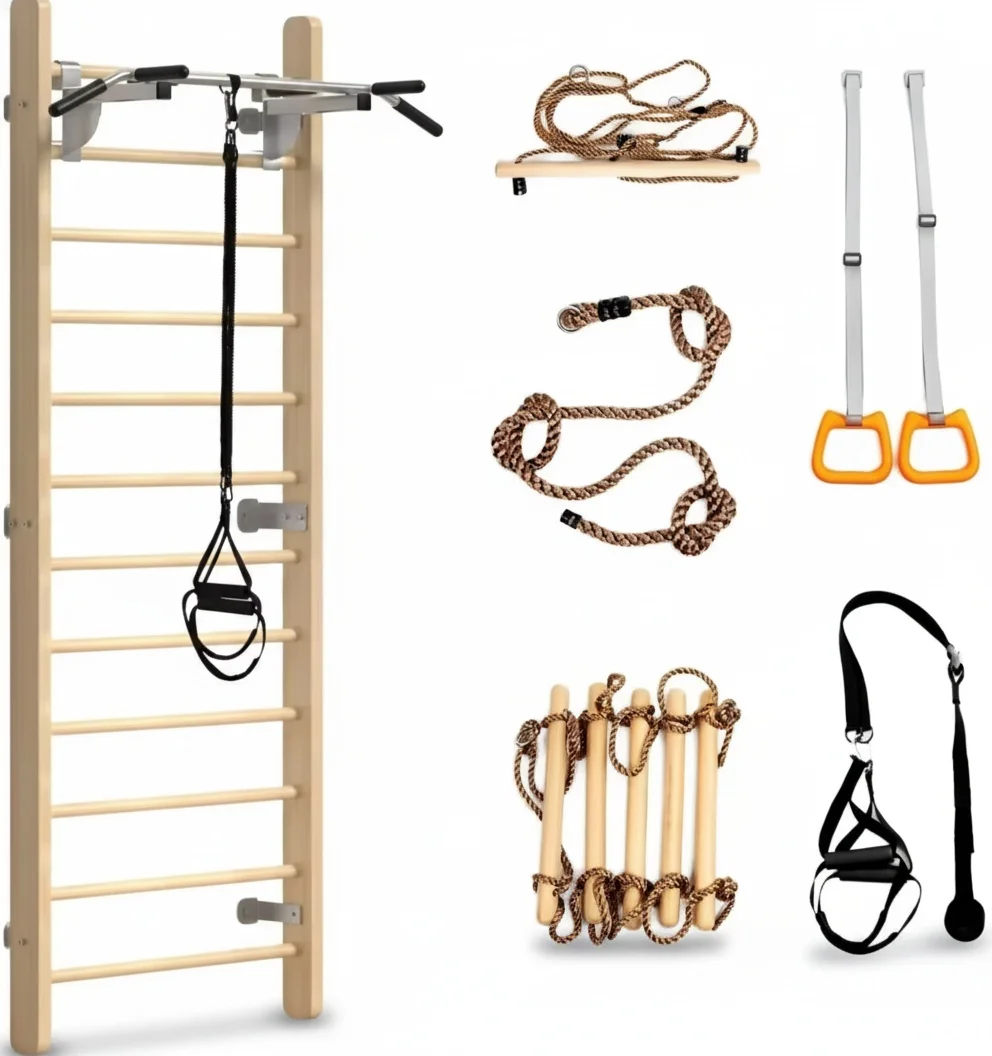 Swedish Ladder Wood Stall Bar, Wall Bars for Kids and Adults, Indoor Chin Up Station, Home Exercise Pilates Rib Frame