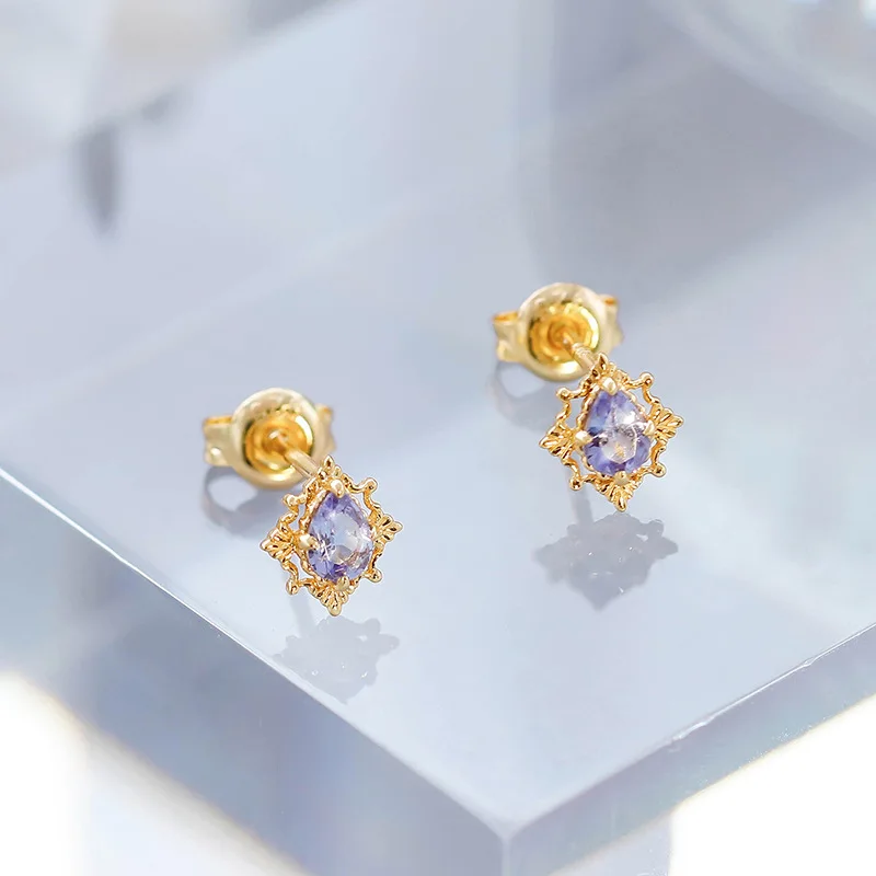 

LAMOON Natural Tanzanite Earrings For Women Gemstone Stud Earring S925 Silver Gold Plated Vintage Exquisite Bijou Accessories