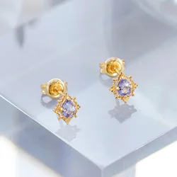 LAMOON Natural Tanzanite Earrings For Women Gemstone Stud Earring S925 Silver Gold Plated Vintage Exquisite Bijou Accessories