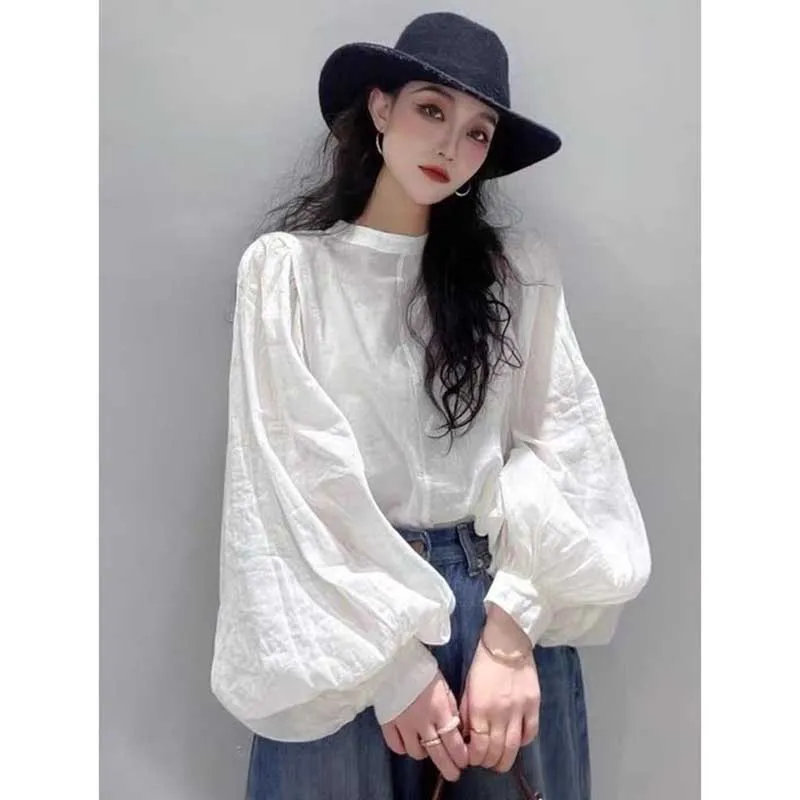 Fashion Stand Collar Solid Color Lantern Sleeve Blouses Women\'s Clothing 2024 Spring Summer New Loose Casual Tops KoreanShirts