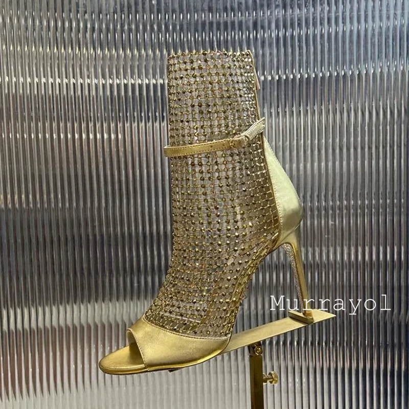 جديد إمرأة شبكة تصميم جوفاء رقيقة الكعوب أحذية باردة حجر الراين ديكور المفتوحة تو رقيقة عالية الكعب Sandalias الصيف فستان الحفلات الأحذية