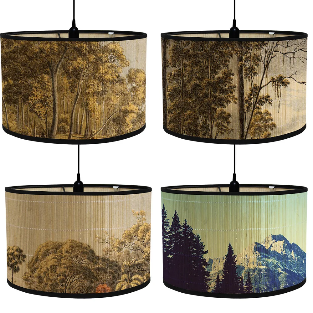 Nordic Drum LampShades Vintage Bamboo Lamp Cover Floral Birds Pattern Table Floor Lamps Pendant Light Cafe Home Homestay Decor