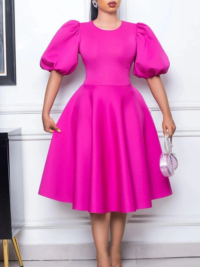 Women Elegant Party Dress O Neck Short Lantern Sleeves Pleated A Line High Waist African Classy Spring Fashion Gowns Event Robes