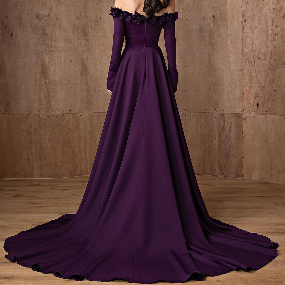 Elegant Pleats Crystal Appliques Chapel Train Evening Dresses Classic Purple A-Line Strapless Off the Shoulder Satin Party Gowns