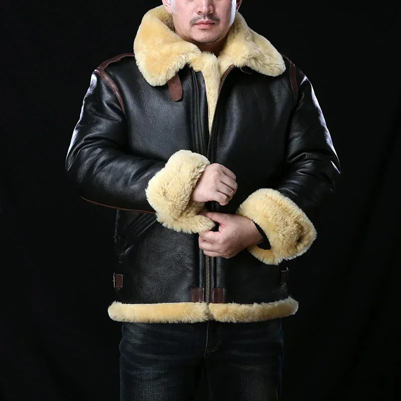 0961 Red Tornado European Size High Quality Super Warm Genuine Sheep Leather Coat Big B3 Shearling Bomber Military Fur Jacket