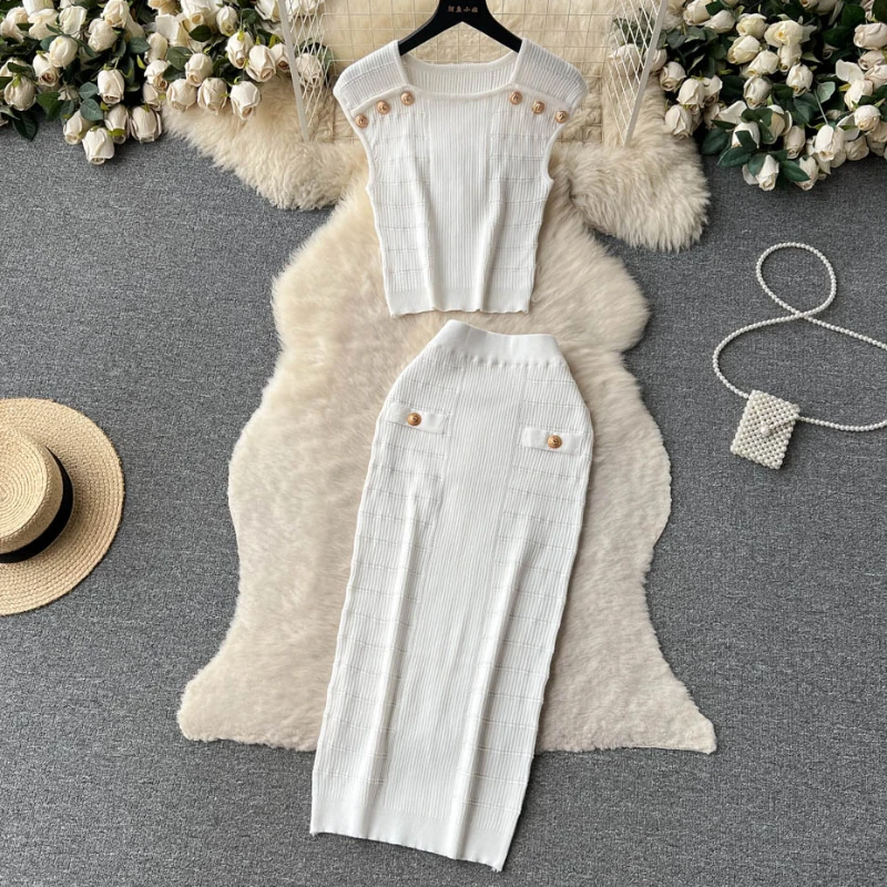 2024 Knitted White Summer Women Solid 2 Piece Bottons Crop Top Tanks Slit Midi Long Skirt Set Bodycon Sexy Party Elegant Outfit