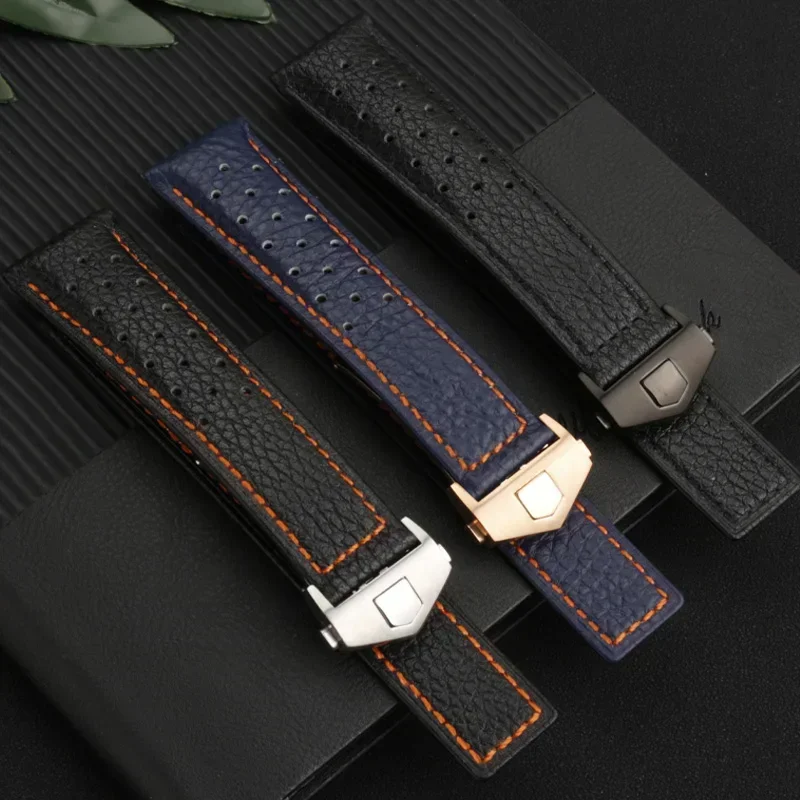 22mm Genuine Leather watch band For TAG Heuer Monaco Watchband CAW211M 211P CAW211R 211T breathable Men\'s Folding buckle strap