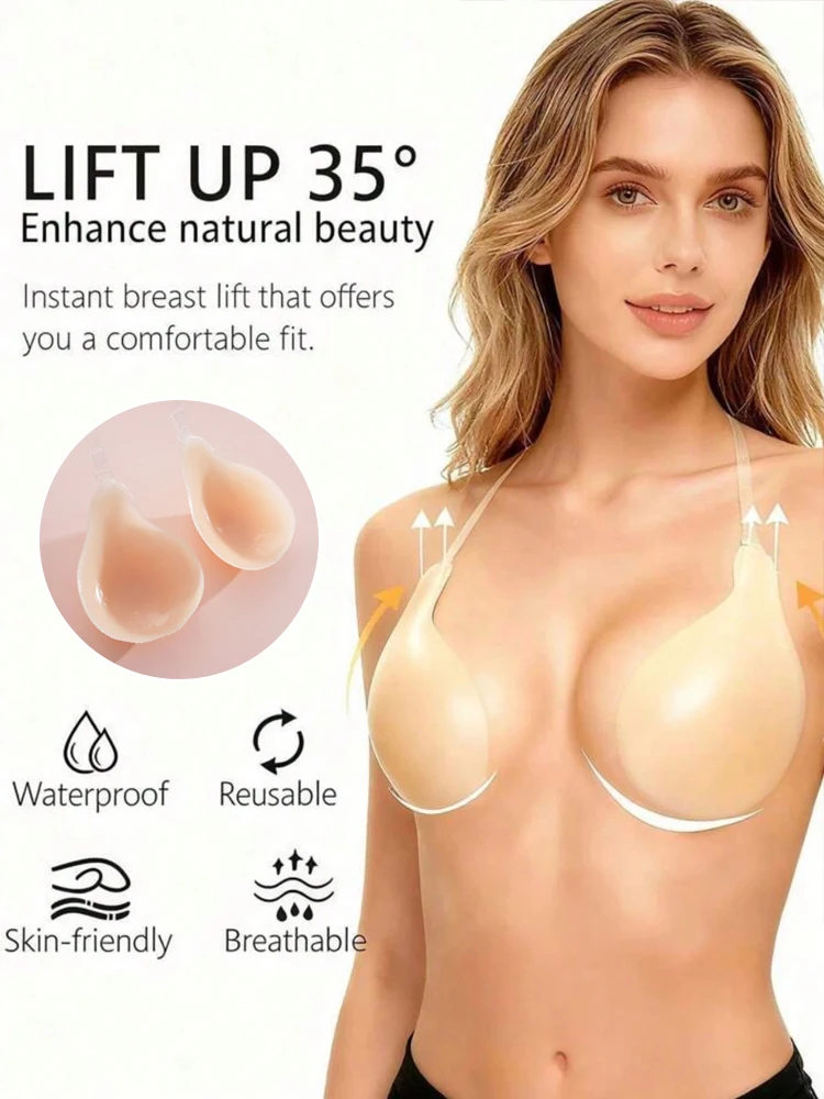 Sujetador invisible de silicona reutilizable con tirantes, cubrepezones autoadhesivos sexys, pétalos de silicona sin costuras para realzar el busto, bralette.