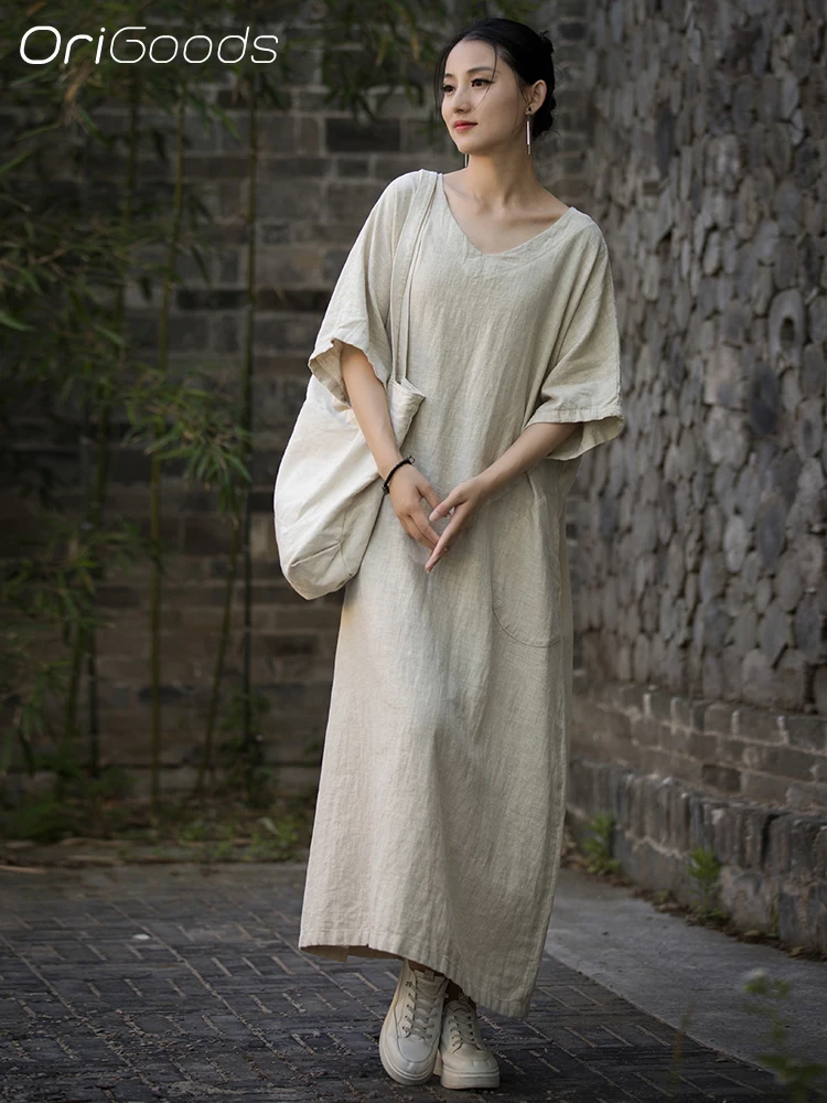 OriGoods Solid Beige Black Dress Women Ramie Cotton Oversized Summer Long Dress Vintage Simple Korean style 2024 New Dress B240