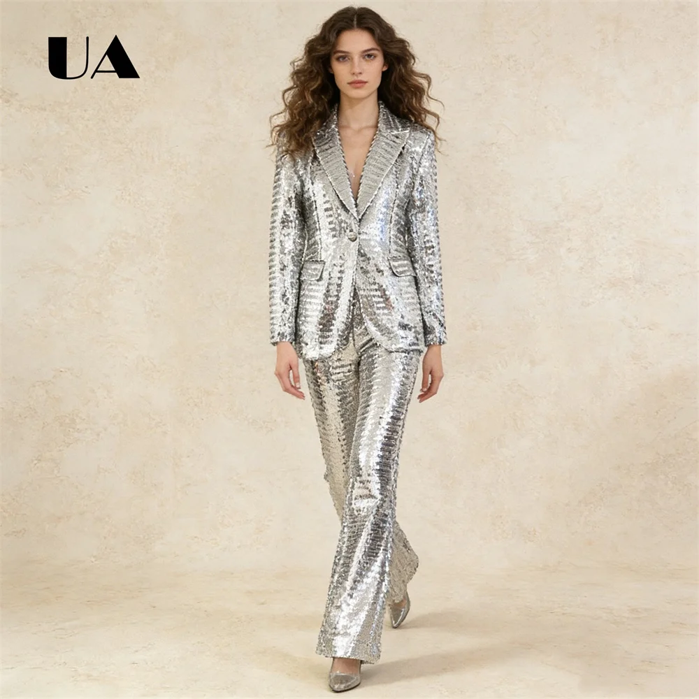 

Ladies Silver Sequin Blazer & Flared Pants 2-Piece Set Sparkly Long-Sleeve Single-Breasted Formal Evening Prom Party Clubwear