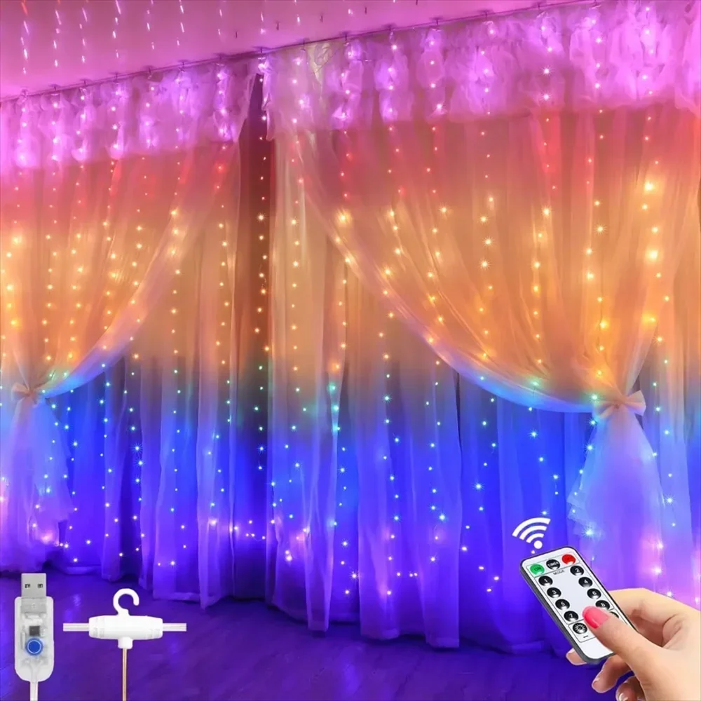 4-Color LED Curtain String Lights, Atmospheric Fairy Lights, Remote Control with Hooks, Suitable for Holiday Party Decoration