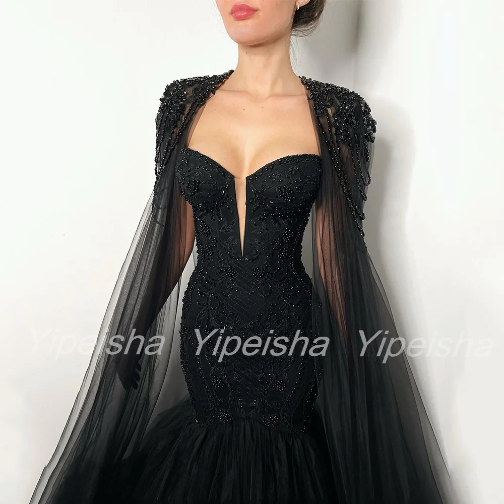 Vestido de novia de sirena de lujo, personalizado, con perlas, capa desmontable, apliques de corazón, diamantes de imitación, vestido de novia gótico negro