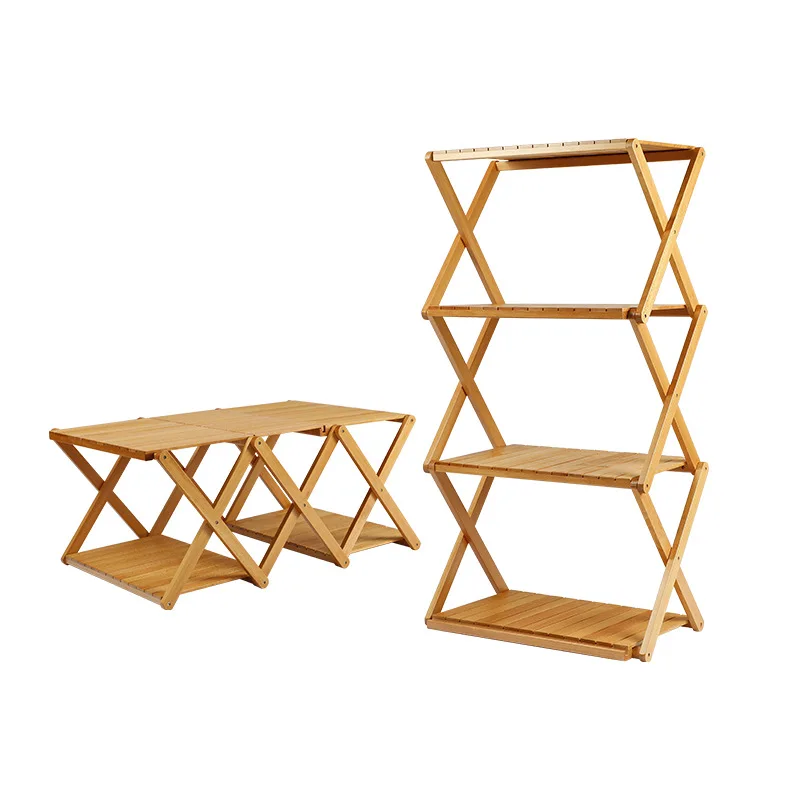 Camping Portable Picnic Self-driving Tour Multi-layer Japanese-style Solid Wood Folding Shelf y
