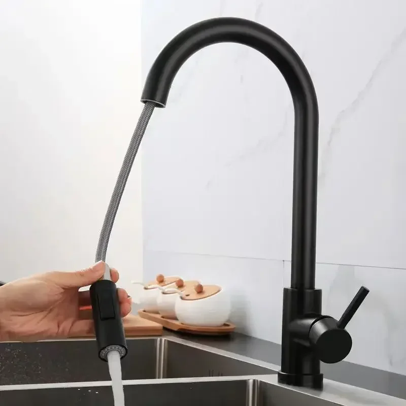 Brushed Nickel Kitchen Faucet Single Hole Pull Out Spout Kitchen Sink Mixer Tap Stream Sprayer Head Chrome/Black Mixer Tap image 2