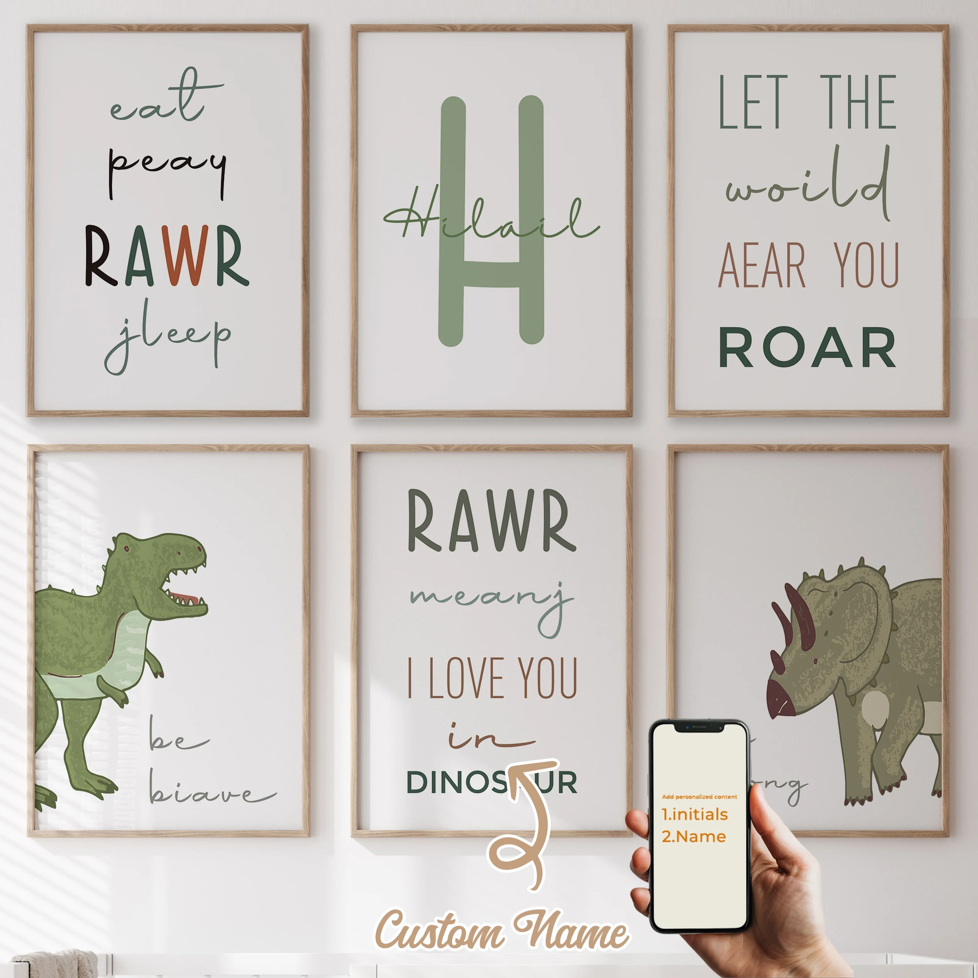 3 قطعة/6 قطعة اسم مخصص شخصية لطيف الكرتون ديناصور جدار الفن طباعة صورة لغرفة المعيشة الاطفال الصبي غرفة ديكور المنزل هدية #1