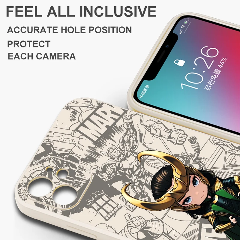 Capa de telefone de silicone líquido para iPhone 15, 14, 13, 12, 11 Pro Max, 13 Mini, 6, 7, 8 Plus, Marvel Thanos Loki