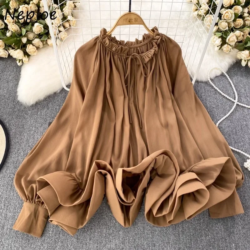 2024 Wiosna Jesień O-neck Ruffles Bluzki Koreańskie Słodkie Szyfonowe Koszule Damskie Y2k Lantern Sleeve Loose Blusas bluzka damska