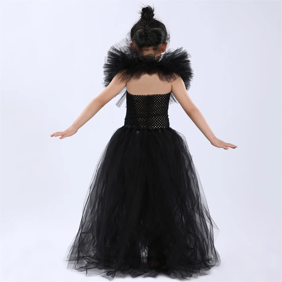 Schwarzes Hexen-Prinzessinnenkleid für Kinder, Tüll-Tutu mit Rüschen, Böse-Königin-Cosplay-Kostüm, Maleficent-Halloween-Geburtstagskleid für Mädchen – Detail 12
