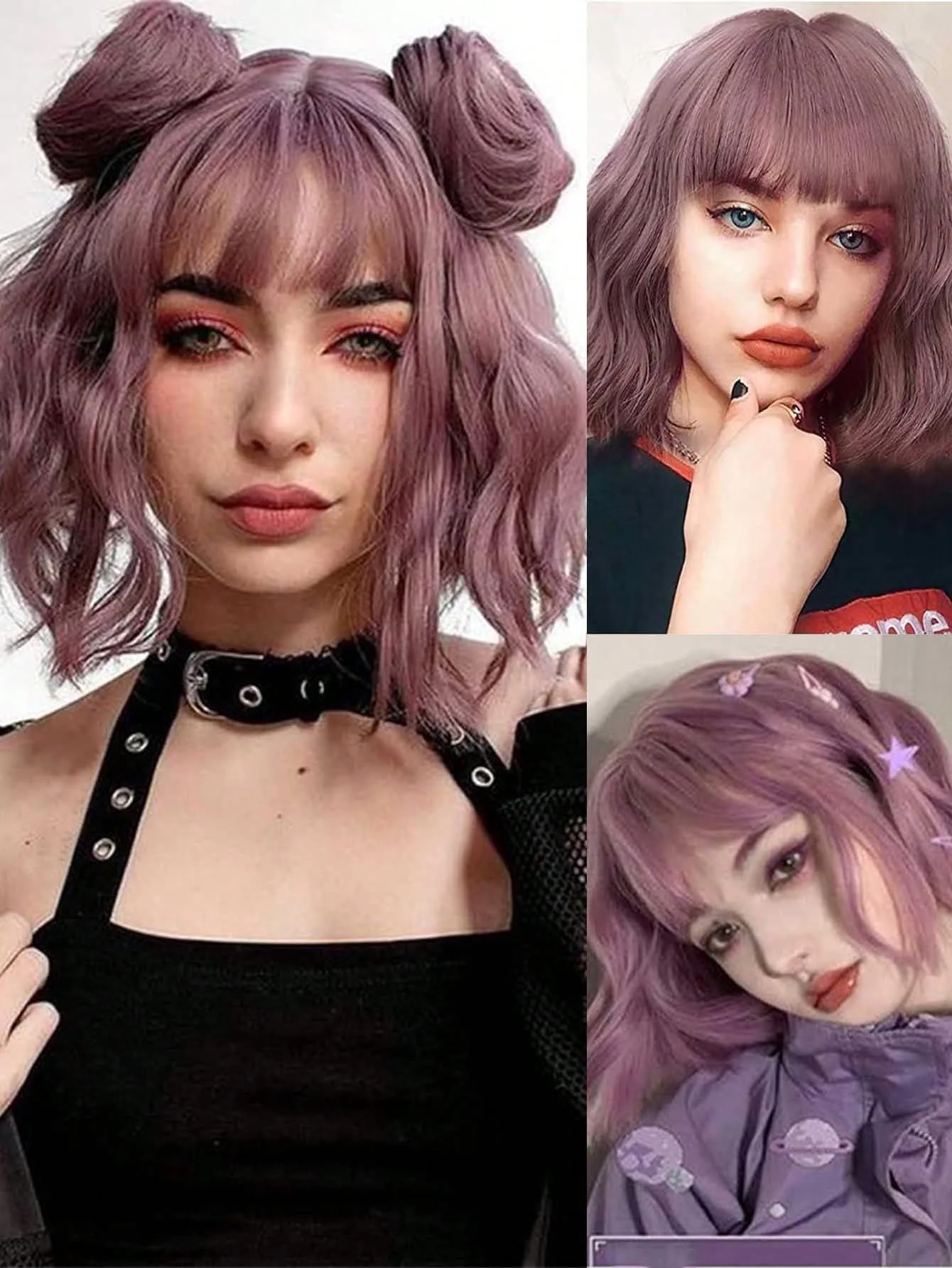 باروكات صناعية للنساء شعر مستعار قصير مموج ومجعد مع غرة بطول الكتف 14 بوصة، شعر مستعار صناعي مموج عصري