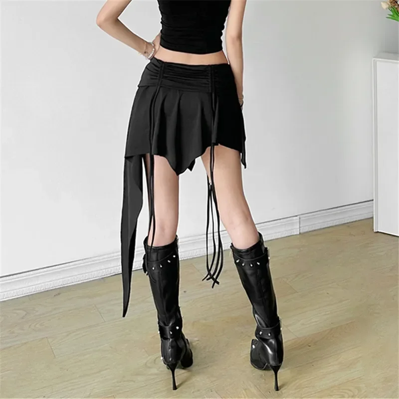 2025 New Vintage Dark Dropped Waist Drawstring Mini Skirt Gothic Punk  E-girl Techwear Grunge Women Irregular Hem A-line Skirts