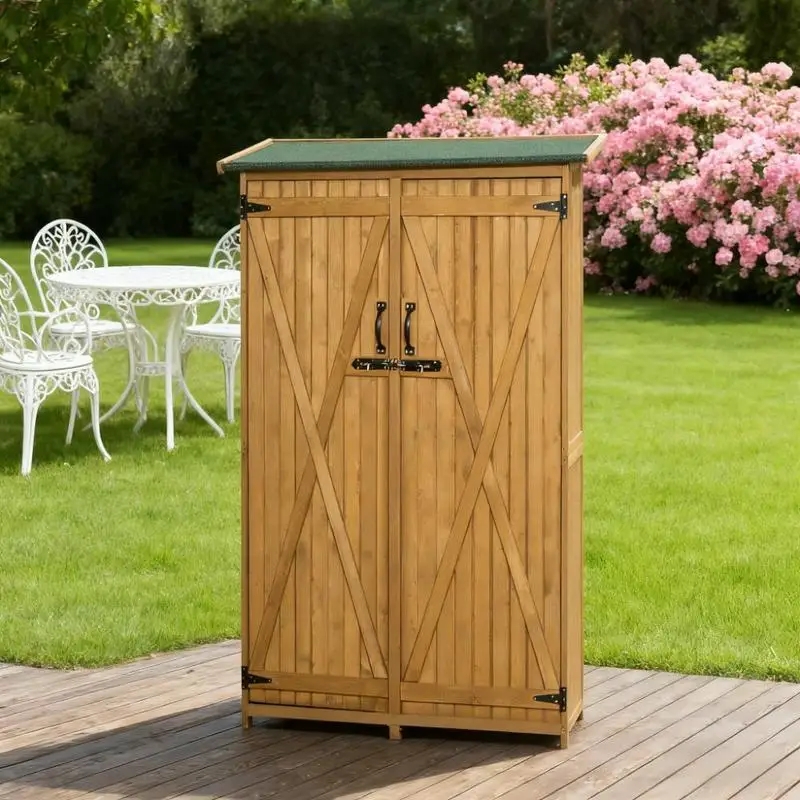 

Outdoor Wooden Storage Cabinet, Garden Shed for Tools, Waterproof Roof, Lockable Doors, Utility Organizer.
