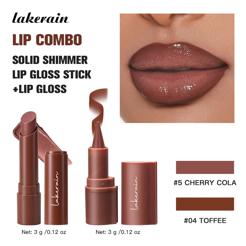 2Pcs Lip Makeup Set, Solid Shimmer Lip Gloss Stick & Lip Liner Pencil, Moisturizing Non Sticky High Shine Lip Color, Daily Lip C