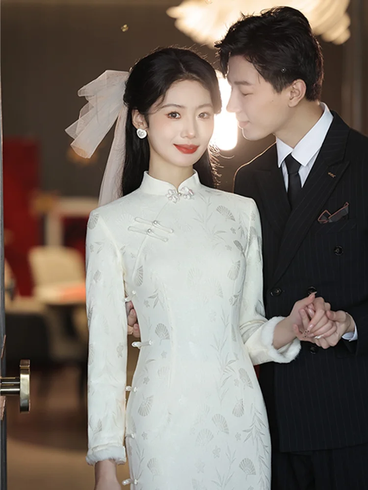 

Wedding Dr White Thiened Fce Lined New Chinese Sle Women's Registration Dr Daily Wear Long Sve Low ...