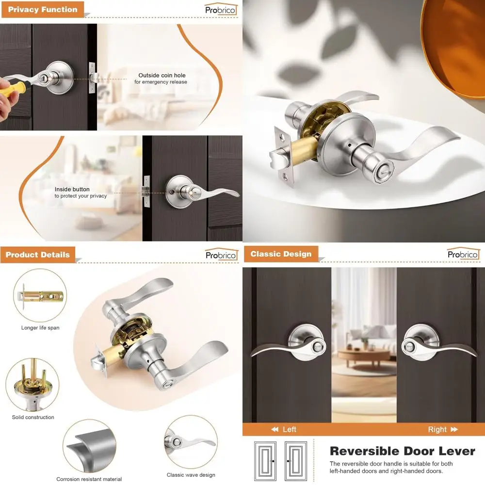 

Satin Nickel Privacy Bed Bath Door Levers, Interior Keyless Locksets, 5-Pack