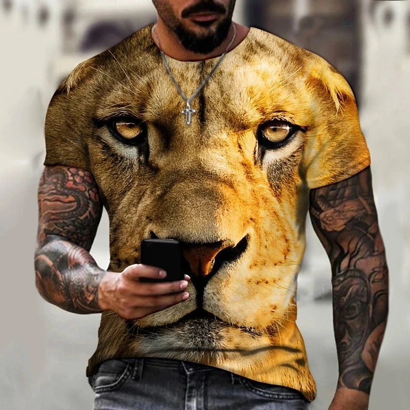 Verão masculino em torno do pescoço camiseta moda impressão 3d leão padrão camiseta moda lazer tendência novo topo rua moda harajuku