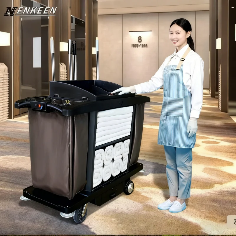 

Electric Hotel Housekeeping Cart with Multi Compartment Cleaning Trolley Plastic 300KG Capacity Hospital Use Mobility