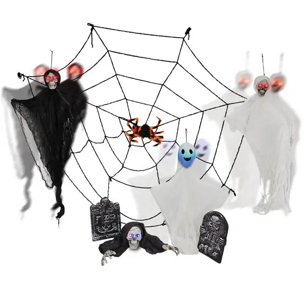 Set di decorazioni per Halloween da esterno da 8 pezzi con occhi luminosi a LED - Include 3 fantasmi oscillanti, 2 lapidi, scheletro strisciante,