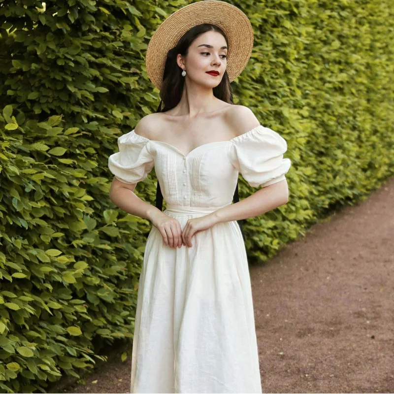 

Spot GoodsN588Summer2025Solid Color Linen Off-Shoulder Short Sleeve Dress Mid-Length Waist-Cinching French Retro Women