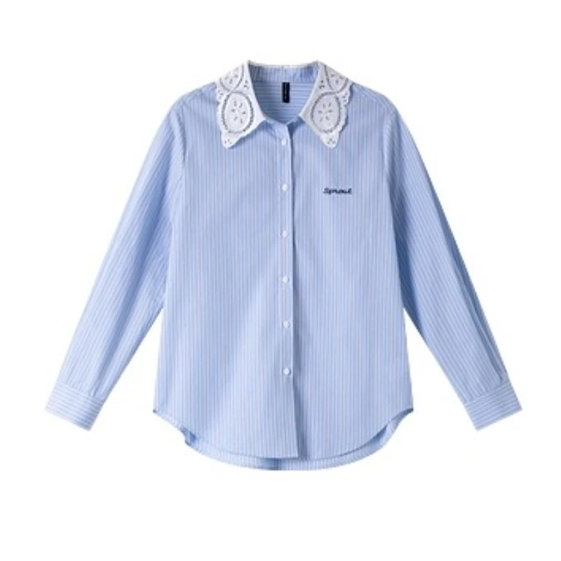VIMLY 女性ブルーストライプシャツ 2025 春秋ファッションシックなレーストリム刺繍長袖トップオフィスウェア Cothes A1930