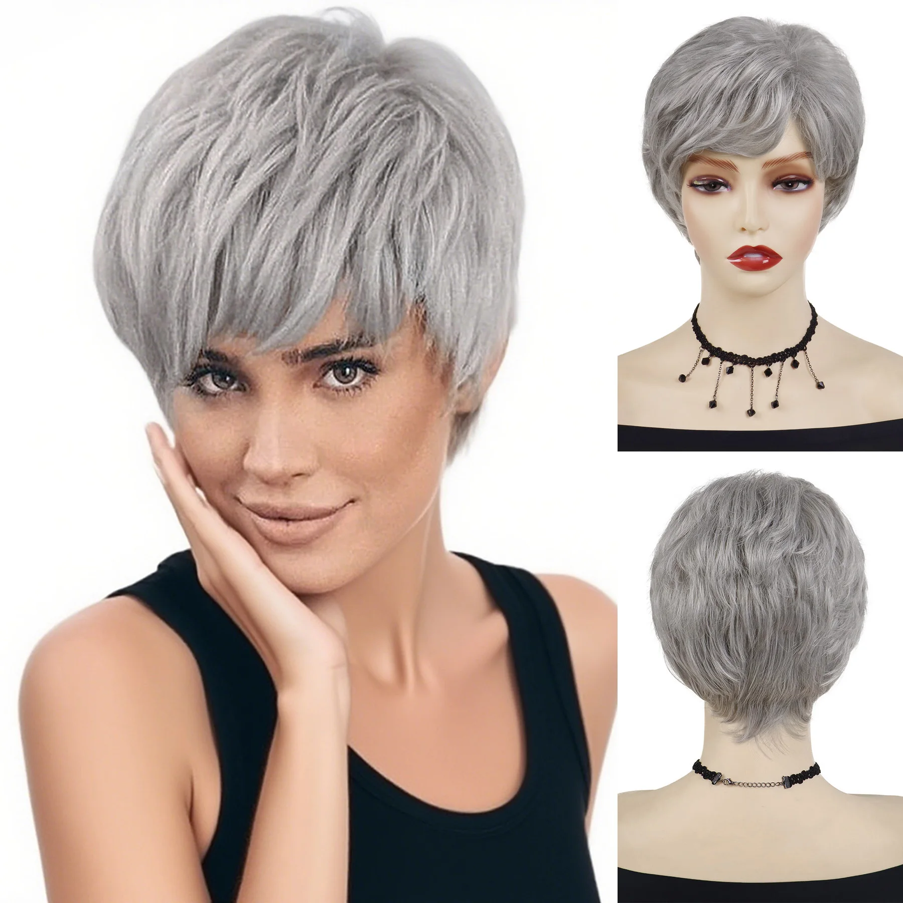 

Pixie Cut Wigs Synthetic Silver Gray Short Haircut Wig with Bangs Glueless Layered Wavy Granny Grey Wig for Women Daily Costume